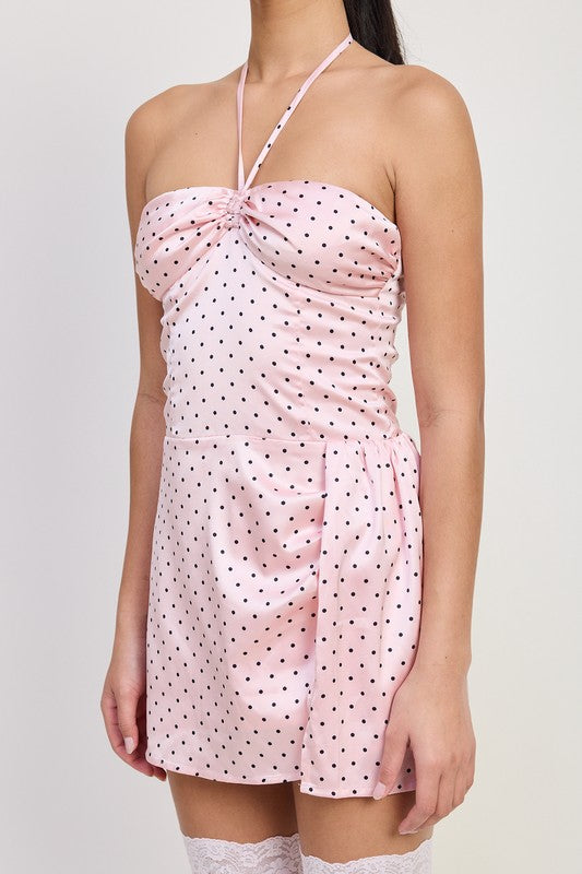 Women Flatter Fit Polka Dot Sleeveless Halter Neck Mini Dress Zarnesh