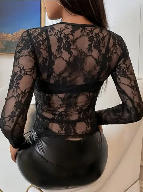 Women Floral Lace See Through Mesh Crew Neck Long Sleeve Zarnesh