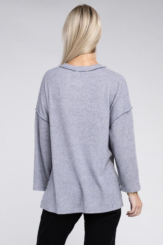 Women Ribbed Brushed Melange Hacci Henley Sweater | Zarnesh