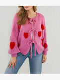 Women Front Bow Cherry Embroidery Tie Heart Cardigan Sweater Zarnesh