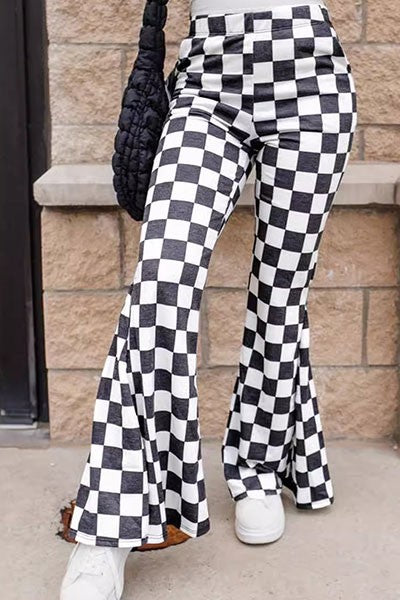 Women Black Checkerboard High Rise Casual Flared Pants | Zarnesh