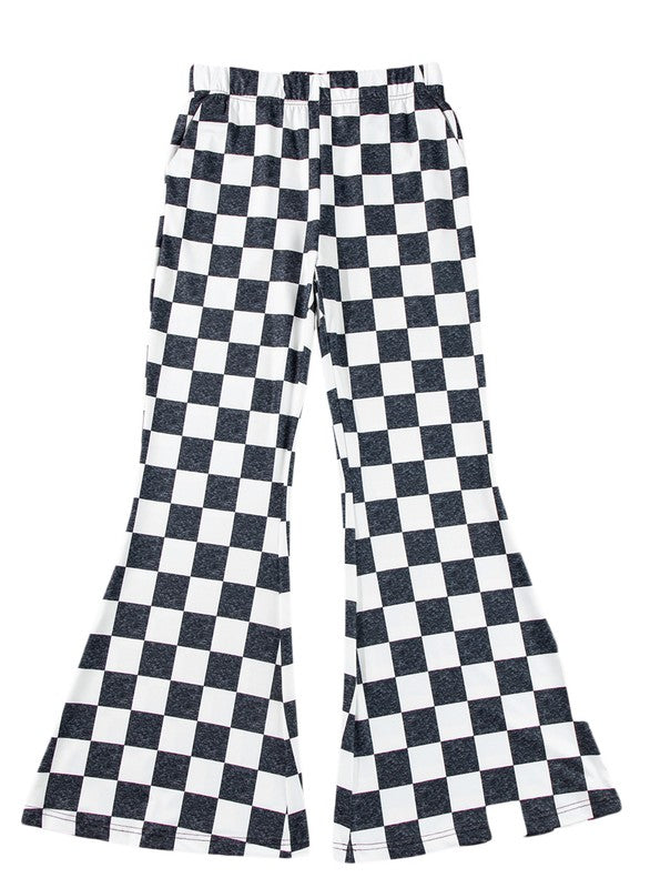 Women Black Checkerboard High Rise Casual Flared Pants | Zarnesh