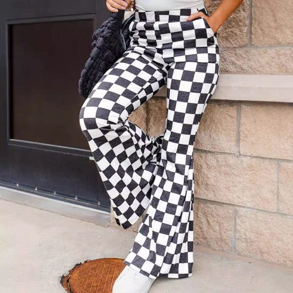 Women Black Checkerboard High Rise Casual Flared Pants | Zarnesh