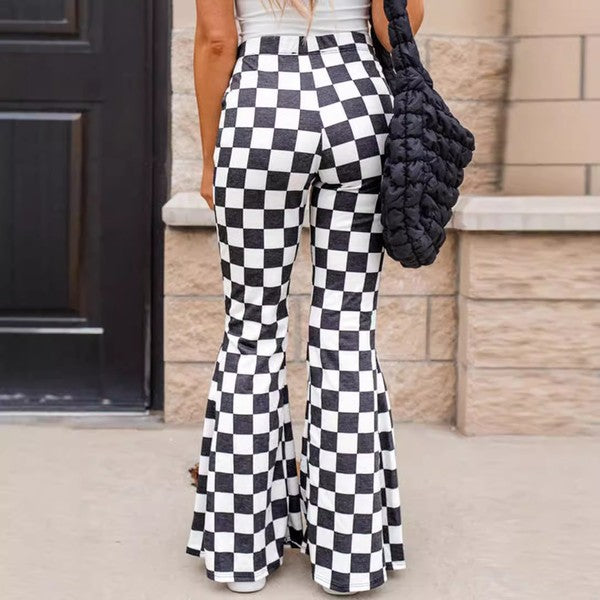 Women Black Checkerboard High Rise Casual Flared Pants | Zarnesh