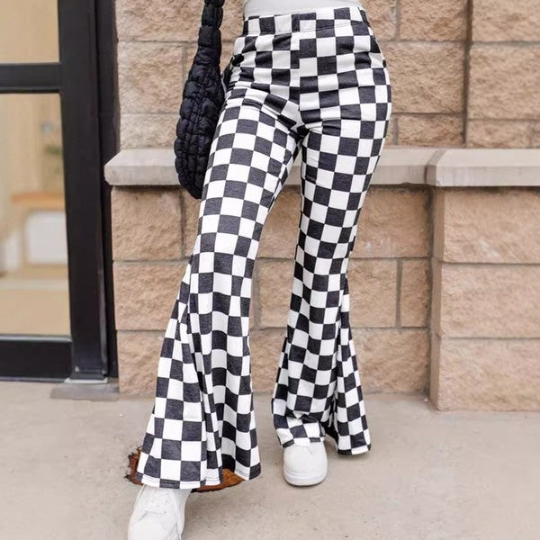 Women Black Checkerboard High Rise Casual Flared Pants | Zarnesh