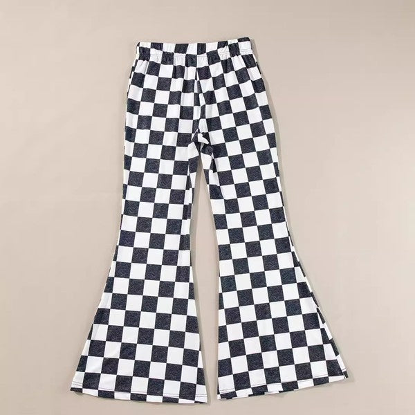 Women Black Checkerboard High Rise Casual Flared Pants | Zarnesh