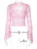 Women Floral Lace Pattern V Neck Floral Lace Tops Bell Long Sleeve Zarnesh