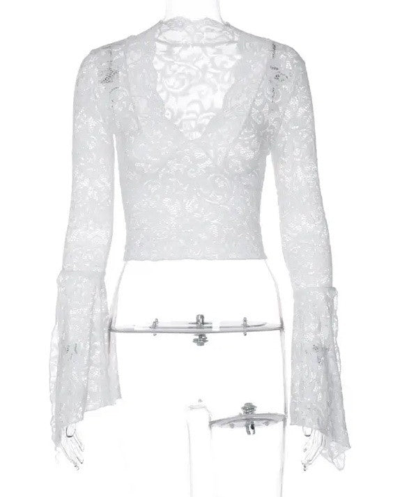 Women Floral Lace Pattern V Neck Floral Lace Tops Bell Long Sleeve Zarnesh