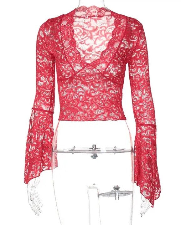 Women Floral Lace Pattern V Neck Floral Lace Tops Bell Long Sleeve Zarnesh
