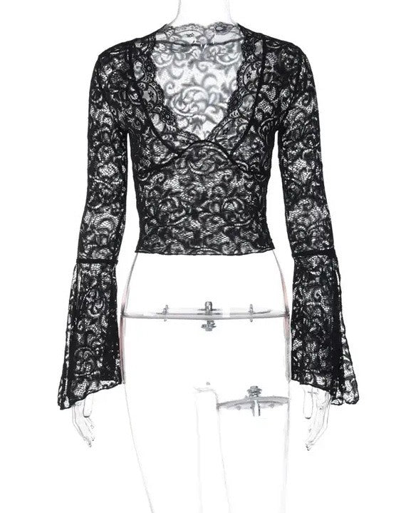 Women Floral Lace Pattern V Neck Floral Lace Tops Bell Long Sleeve Zarnesh