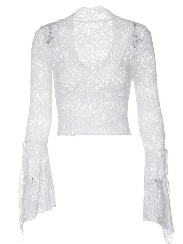 Women Floral Lace Pattern V Neck Floral Lace Tops Bell Long Sleeve Zarnesh