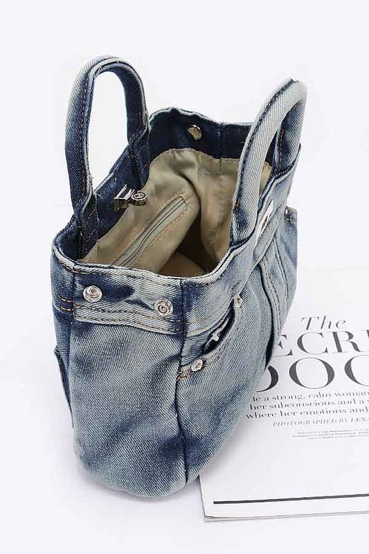 Women Washed Denim Top Handle Convertible Bag Zarnesh
