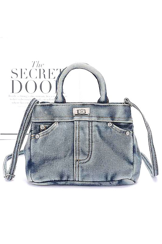 Women Washed Denim Top Handle Convertible Bag Zarnesh