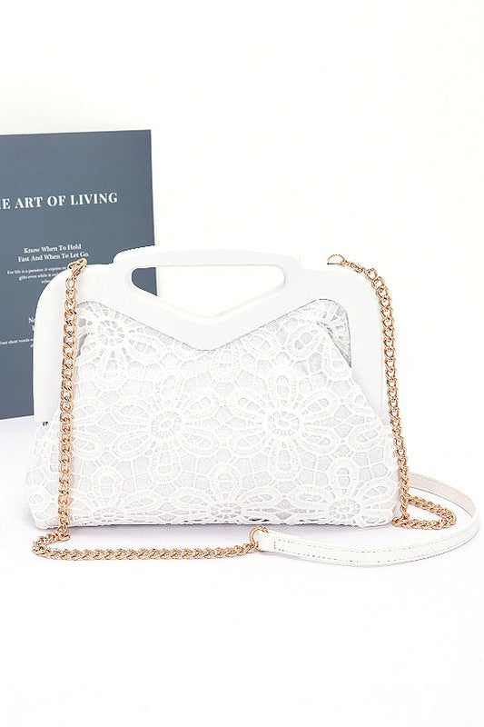 Women Wooden Frame Crochet Flower Top Handle Clutch Zarnesh