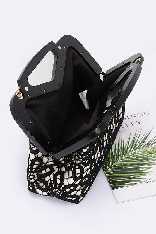 Women Wooden Frame Crochet Flower Top Handle Clutch Zarnesh