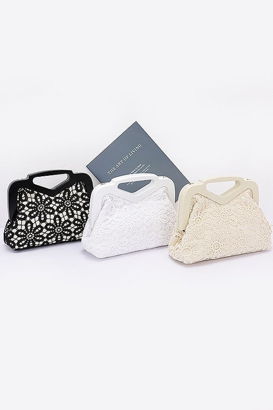 Women Wooden Frame Crochet Flower Top Handle Clutch Zarnesh