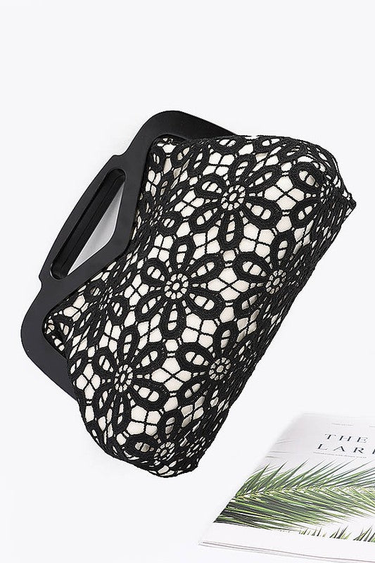 Women Wooden Frame Crochet Flower Top Handle Clutch Zarnesh