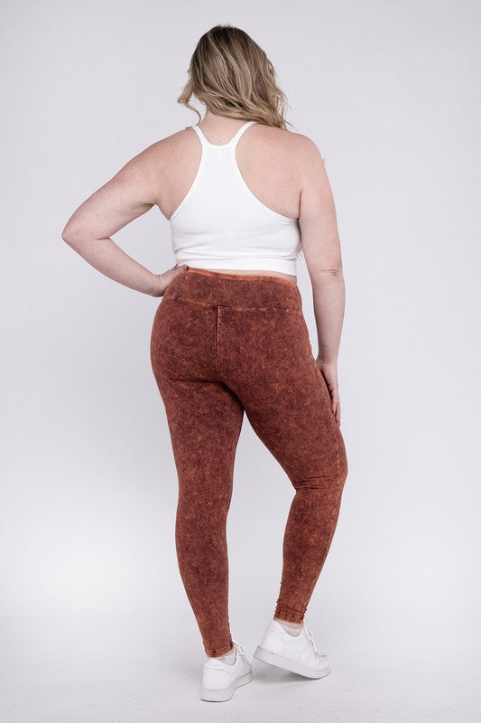 Women Plus Mineral Washed Wide Waistband Fitted Yoga Leggings Zarnesh