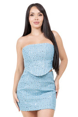 Women Bodycon Denim Strapless Corset Top Mini Skirt Set Zarnesh