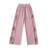 Women Side Tie Ribbon Bows Drawstring Straight Leg Sweatpants Zarnesh