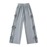 Women Side Tie Ribbon Bows Drawstring Straight Leg Sweatpants Zarnesh