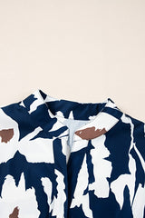 Women Abstract Floral Puff Sleeves Frill Neck Loose Blouse Zarnesh