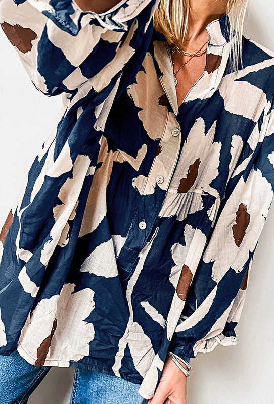 Women Abstract Floral Puff Sleeves Frill Neck Loose Blouse Zarnesh