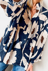 Women Abstract Floral Puff Sleeves Frill Neck Loose Blouse Zarnesh