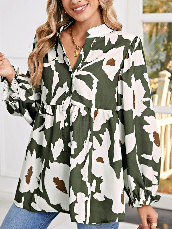 Women Abstract Floral Puff Sleeves Frill Neck Loose Blouse Zarnesh