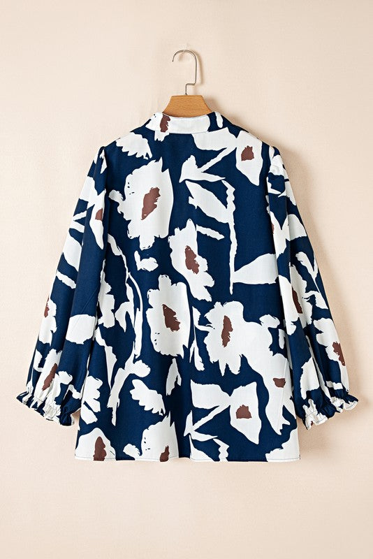 Women Abstract Floral Puff Sleeves Frill Neck Loose Blouse Zarnesh