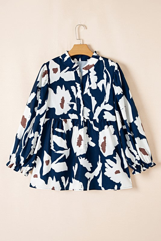 Women Abstract Floral Puff Sleeves Frill Neck Loose Blouse Zarnesh
