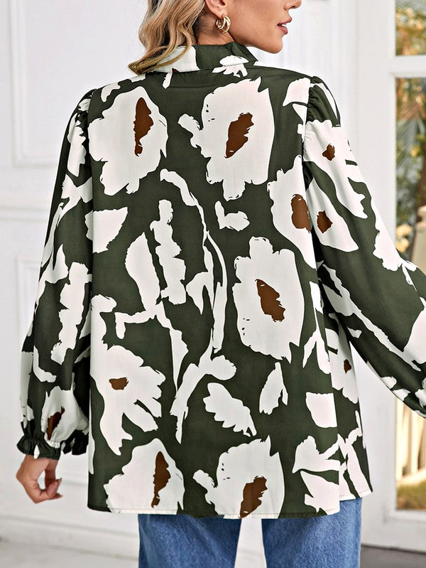 Women Abstract Floral Puff Sleeves Frill Neck Loose Blouse Zarnesh