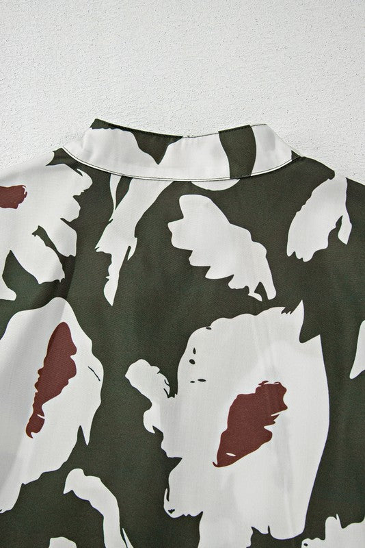 Women Abstract Floral Puff Sleeves Frill Neck Loose Blouse Zarnesh