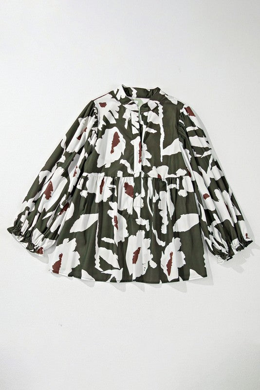 Women Abstract Floral Puff Sleeves Frill Neck Loose Blouse Zarnesh