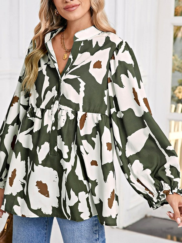 Women Abstract Floral Puff Sleeves Frill Neck Loose Blouse Zarnesh