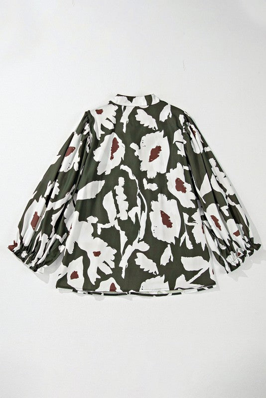 Women Abstract Floral Puff Sleeves Frill Neck Loose Blouse Zarnesh