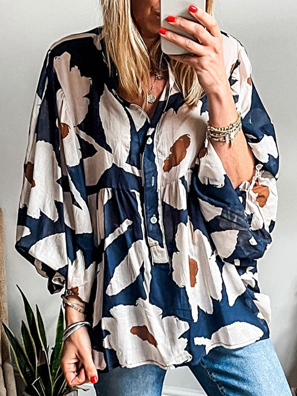 Women Abstract Floral Puff Sleeves Frill Neck Loose Blouse Zarnesh