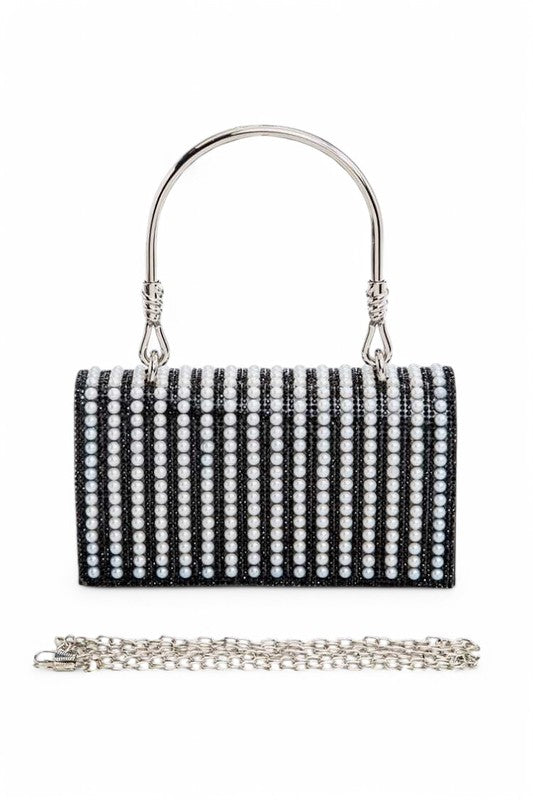 Women Pearl Accent Shoulder Chain Snap On Top Handle Clutch Zarnesh