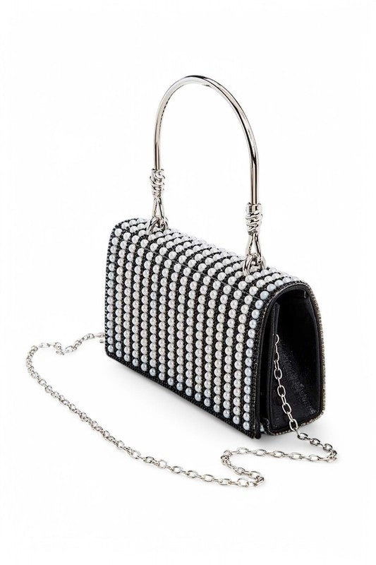 Women Pearl Accent Shoulder Chain Snap On Top Handle Clutch Zarnesh