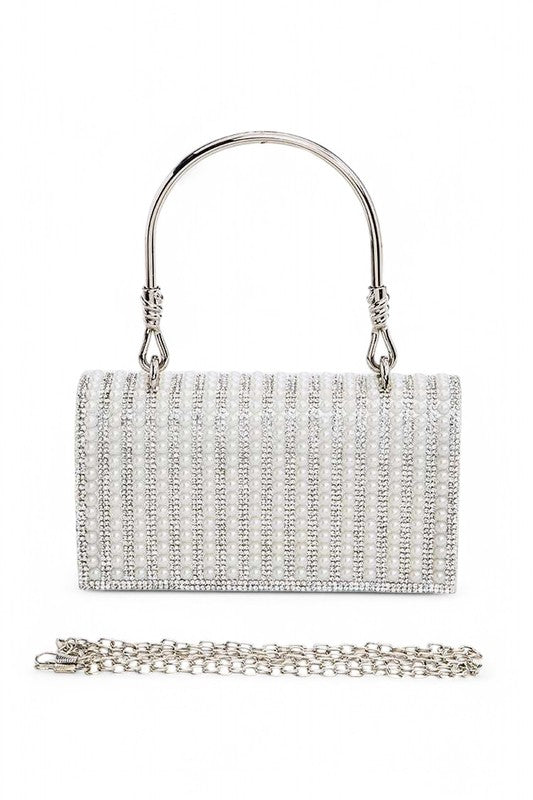 Women Pearl Accent Shoulder Chain Snap On Top Handle Clutch Zarnesh