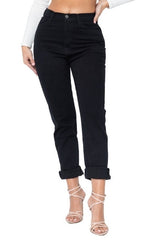 Women Black Denim Cropped Zipper Button Closure Mom Jean Zarnesh