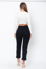 Women Black Denim Cropped Zipper Button Closure Mom Jean Zarnesh