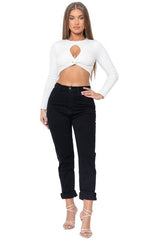 Women Black Denim Cropped Zipper Button Closure Mom Jean Zarnesh