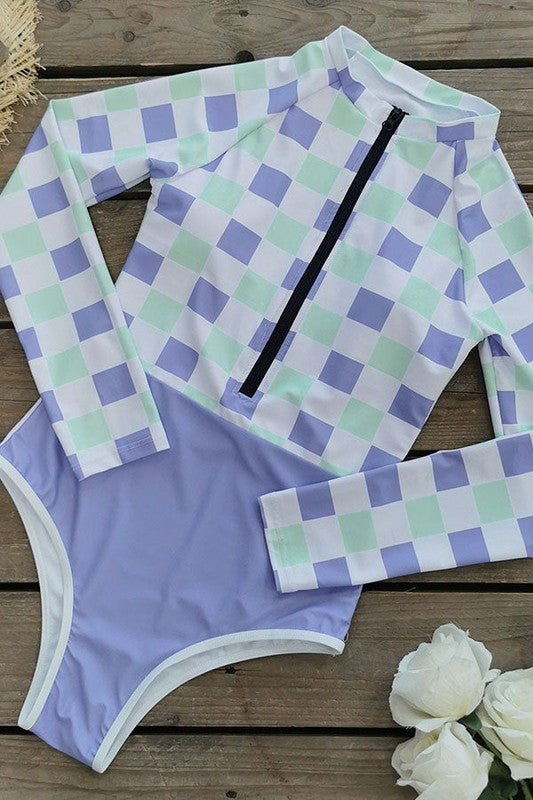 Women Plaid Printed Long Sleeve UPF50 Rash Guard Swimsuit Zarnesh