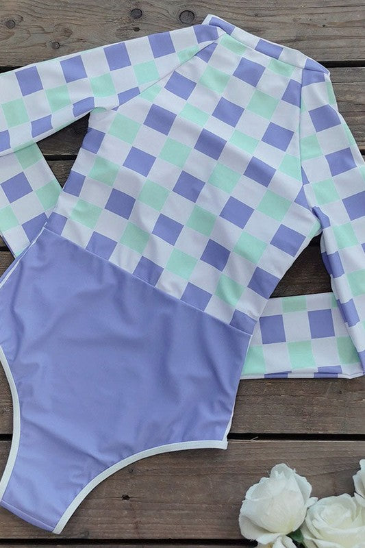 Women Plaid Printed Long Sleeve UPF50 Rash Guard Swimsuit Zarnesh