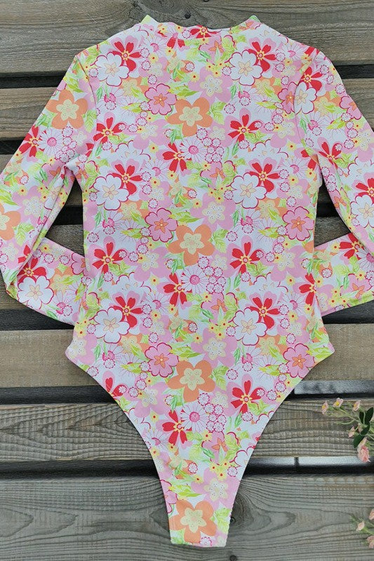 Women Floral Print One Piece Long Sleeve UPF50 Swimsuit Zarnesh