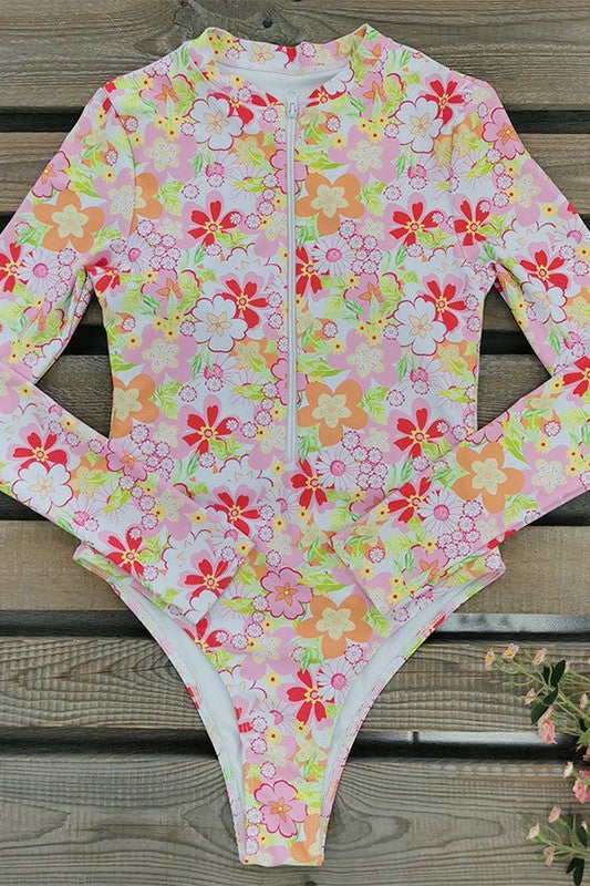 Women Floral Print One Piece Long Sleeve UPF50 Swimsuit Zarnesh