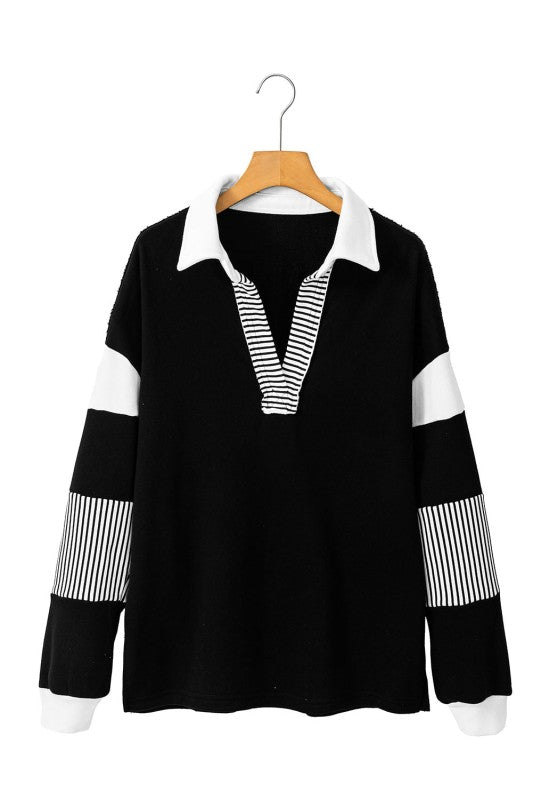Women’s Black Striped Patchwork Collar Sweatshirt | Zarnesh