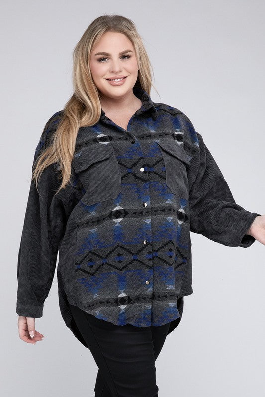 Women Plus Printed Button Down Long Sleeve Jacket | Zarnesh