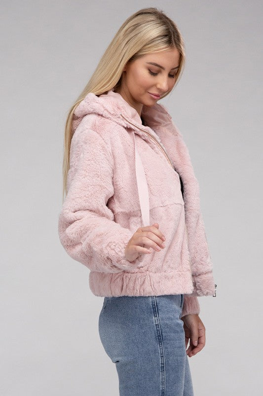 Women Fluffy Texture Zip-Up Teddy Hoodie Sweater | Zarnesh